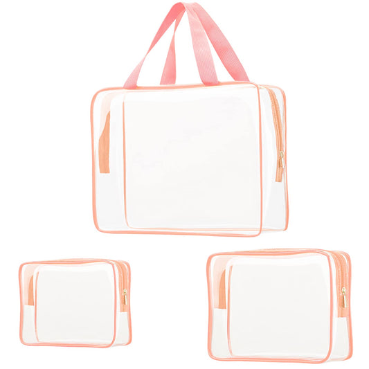 3Pcs Crystal Clear PVC Travel Toiletry Bag Kit for Women Men, Waterproof Vinyl Packing Organizer Storage Bags with Zipper Handle Straps, Cosmetic Pouch Carry on Airport Airline Compliant Bag Handbag