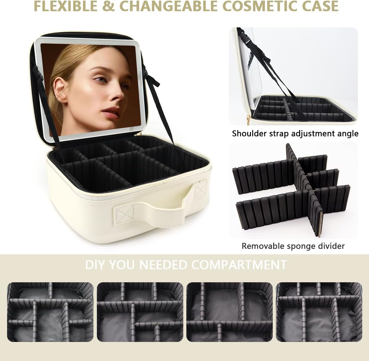 Travel Makeup Bag for Makeup Artists Large Makeup Case,with Mirror 3 Color Setting and Detachable 10x Magnifying Mirror Travel Makeup Bag,Portable Storage and Adjustable Dividers（white）