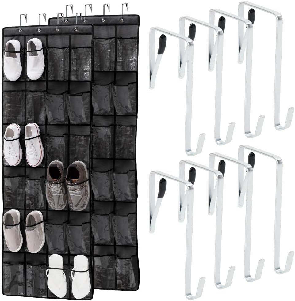 GORILLA GRIP Over the Door Shoe Organizer, 24 Large Breathable PVC Pockets, Space Saving Hanging Storage Holder, Closet Rack Hanger Holds Up to 40 lbs, Hangs on Closets for Shoes 2 Pack, Black