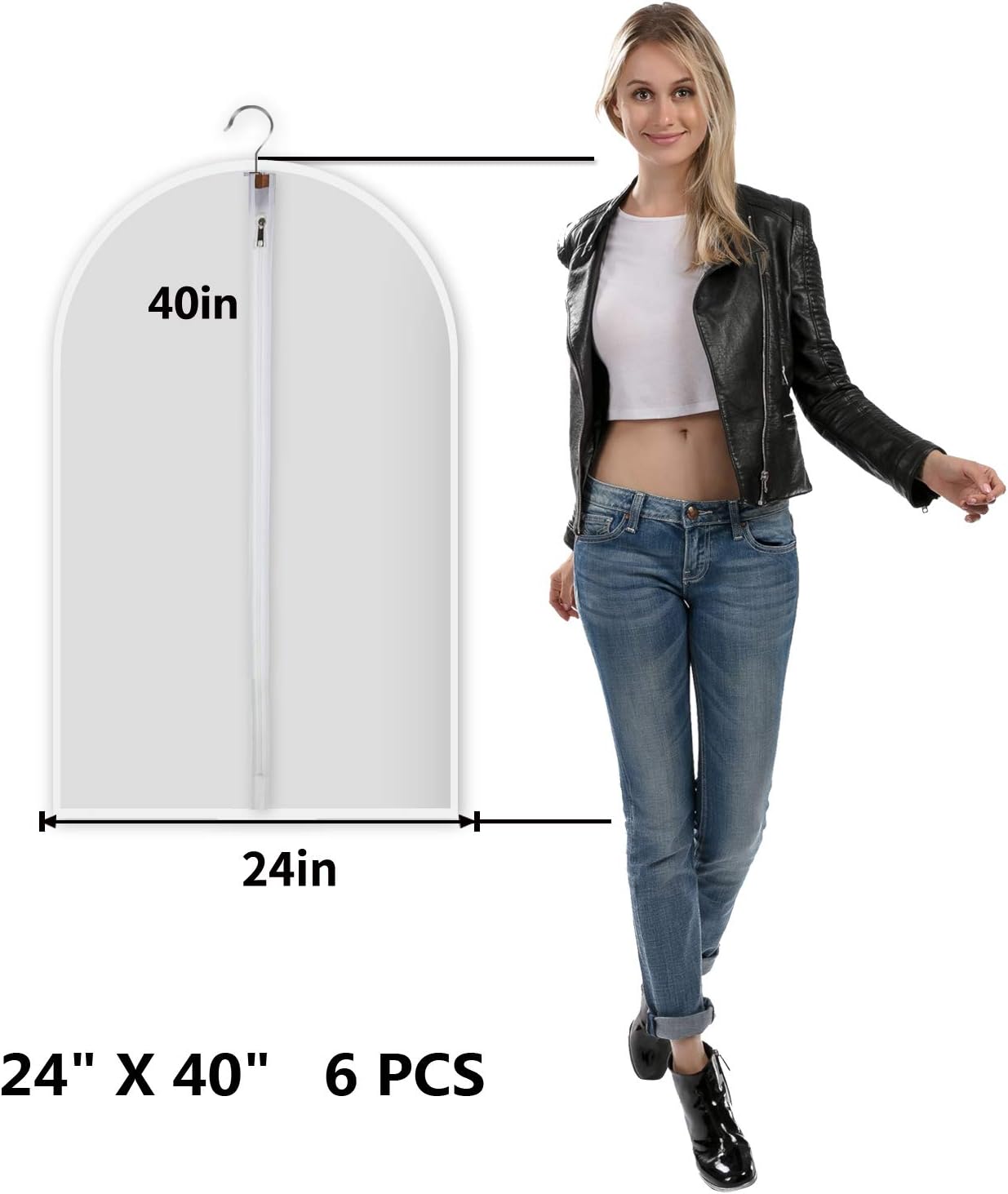 Garment Bags for Hanging Clothes, Clear Plastic Closet Storage Covers with Cedar Balls, 24" x 40", 6 Pack