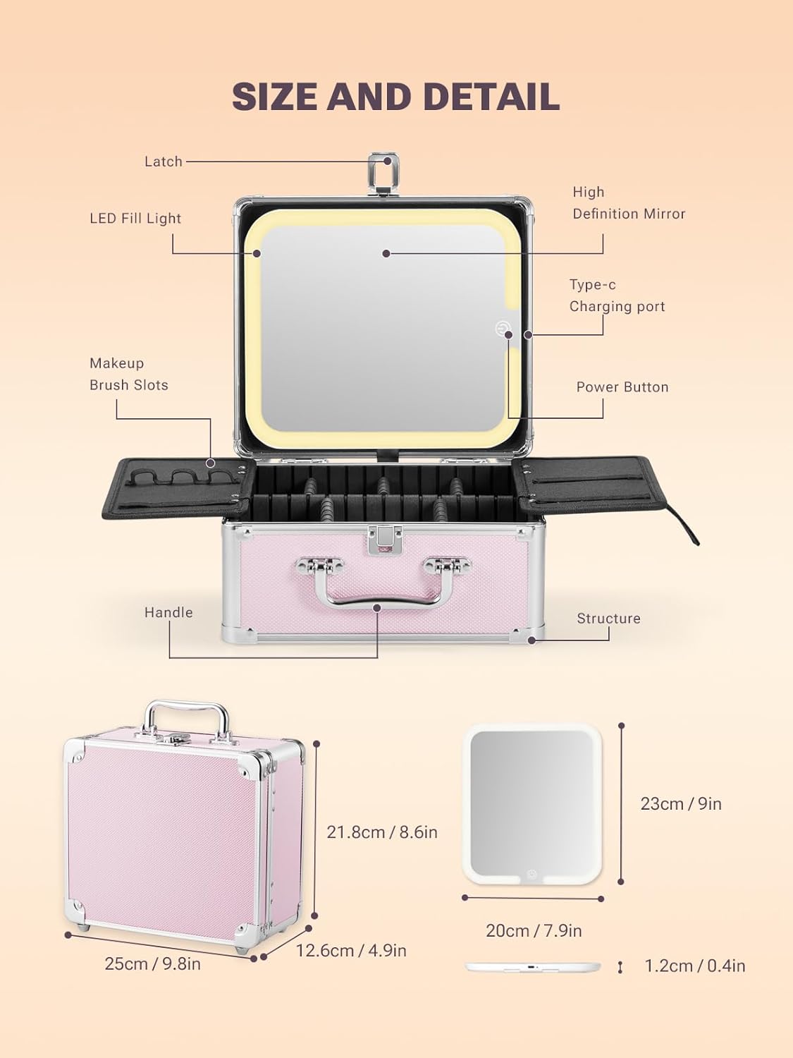 Qislee Makeup Box with A Detachable Lighted Mirror, Waterproof Travel Train Case, Cosmetic Organizer and Makeup Suitcase with Adjustable Dividers, Magnetic LED Mirror(Icy Pink)