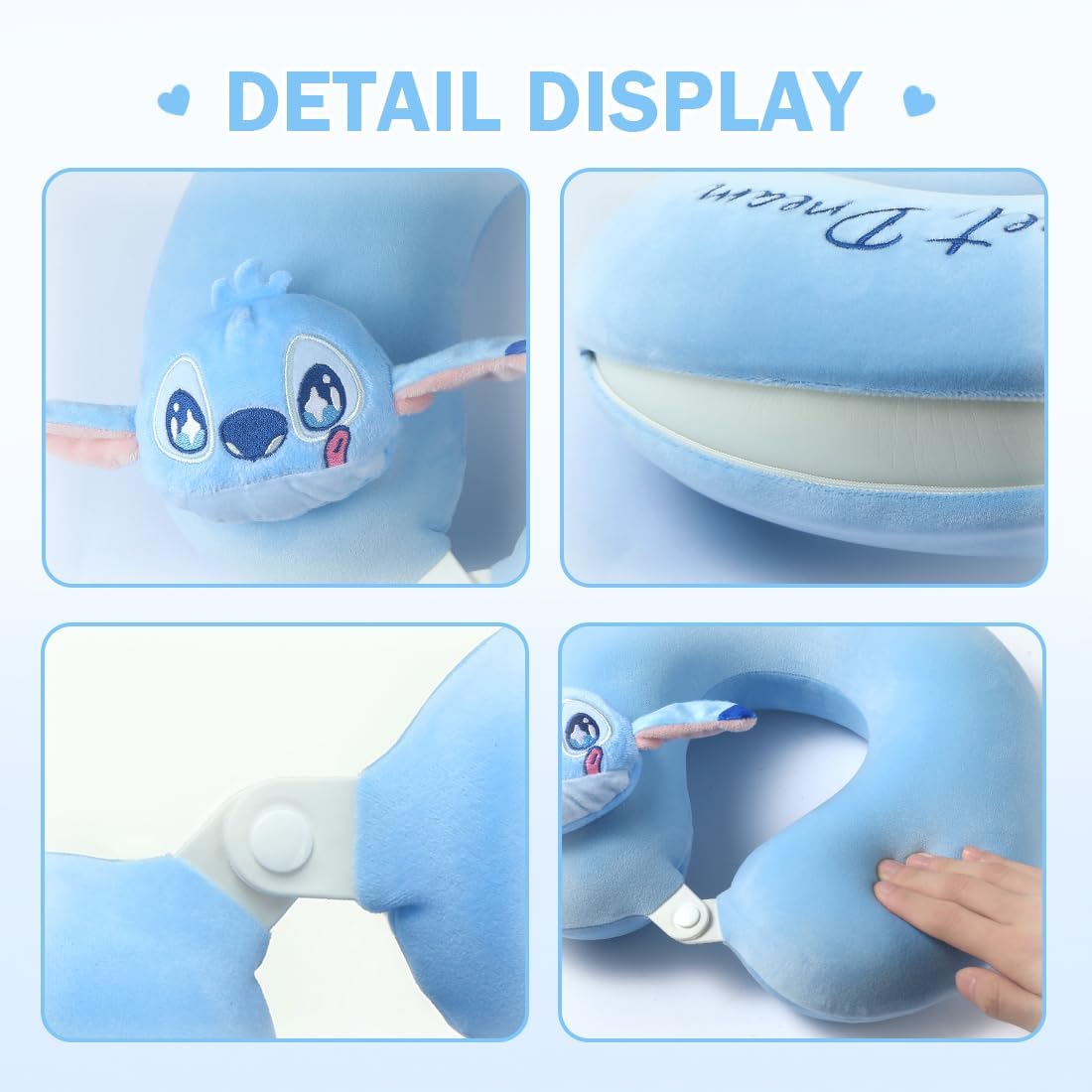 MINISO Disney Stitch Travel Pillow 100% Pure Memory Foam Neck Pillow, Airplane Pillow for Traveling Car Home Office Washable Cover