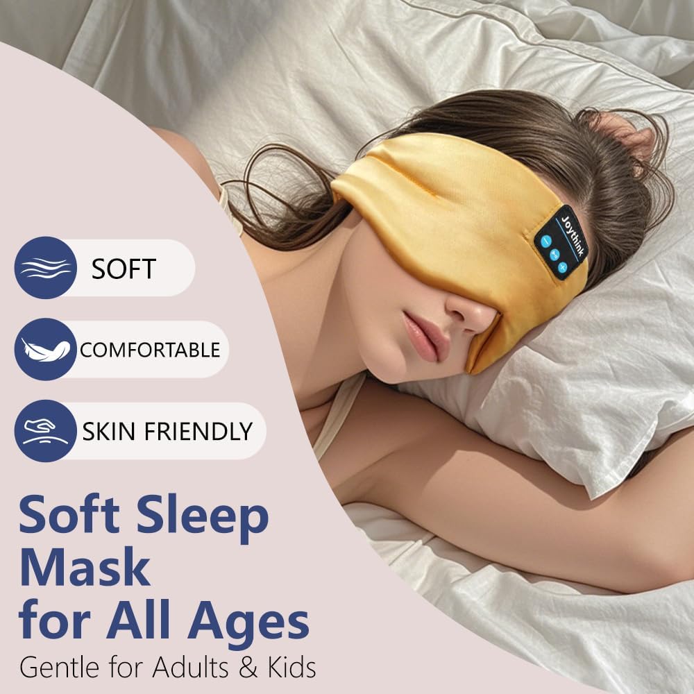 Joythink Sleep Headphones Bluetooth Sleep Mask Silk Headband Earphones Bluetooth Eye Mask for Sleeping On Side Blackout Soft Sleep Earphones Kids Children Music Eye Cover Champagne Gold