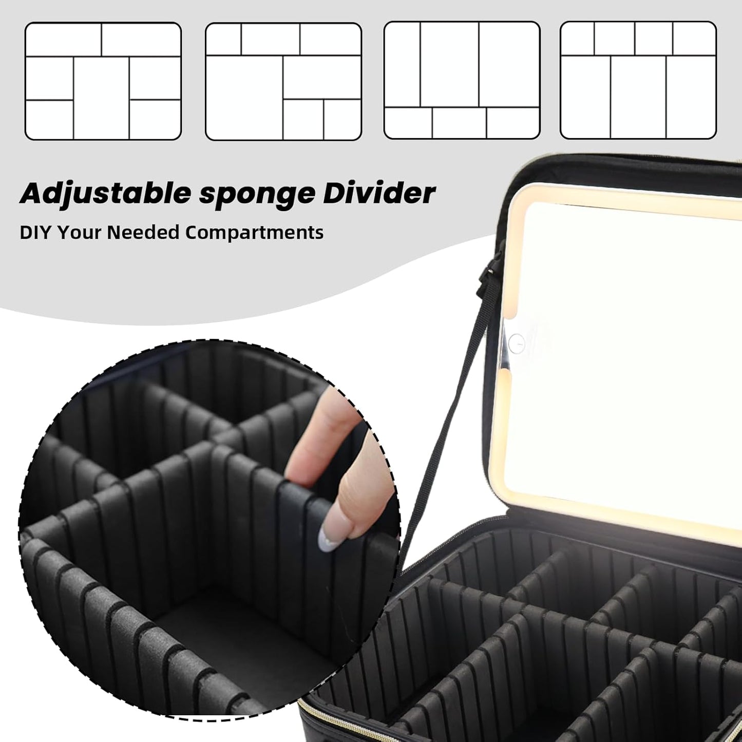 Travel Makeup Bag with LED Mirror and Light Travel Makeup Case Cosmetic Organizer Portable Cosmetic Brush Organizer Bag with Adjustable Dividers for Cosmetics Makeup Brushes Toiletry (Black)