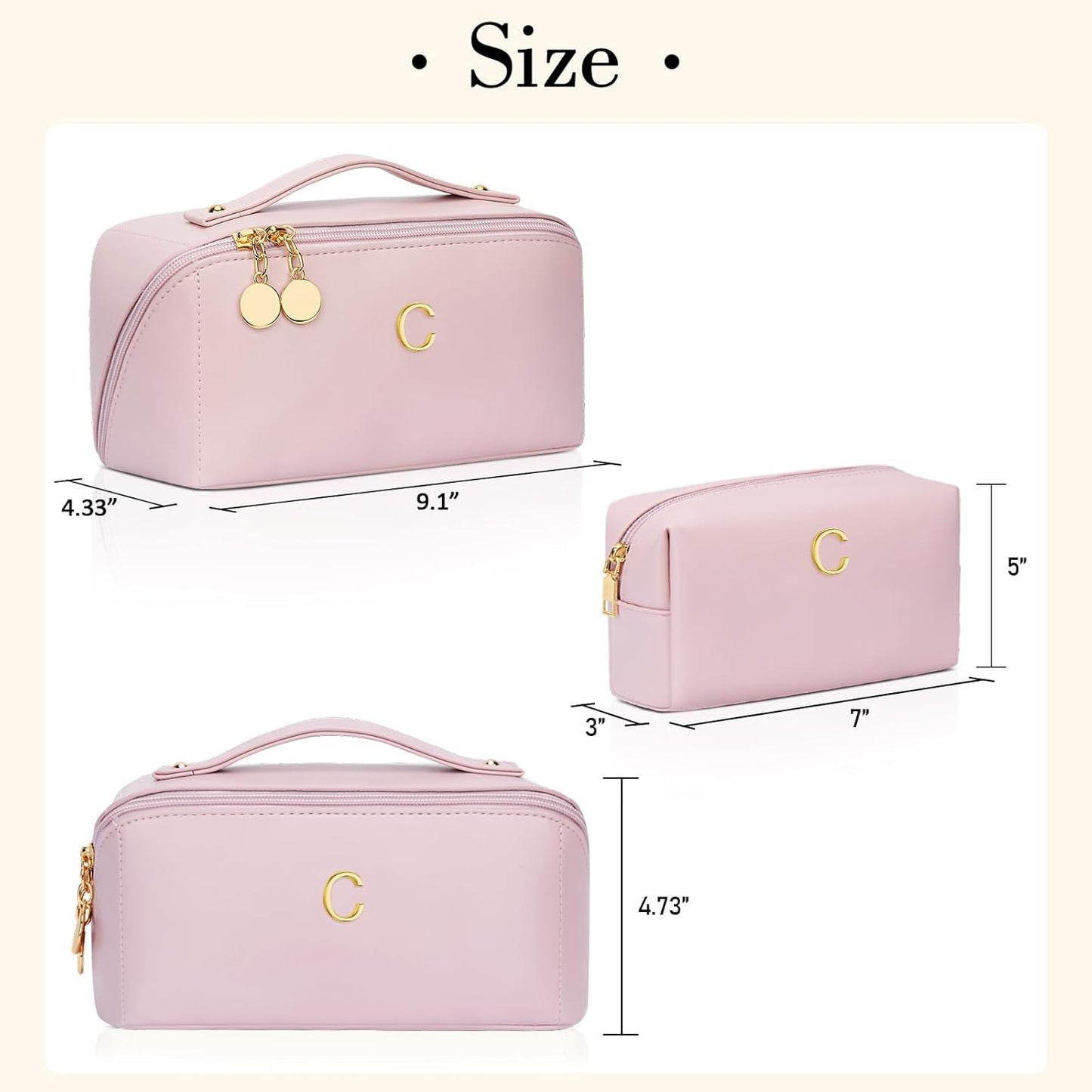 Birthday Gifts for Women Teen Girl, Personalized Initial Makeup Organizer Bag Set, Open Flat Travel Cosmetic Bag With Clear Divider and Handle(Pink,C)