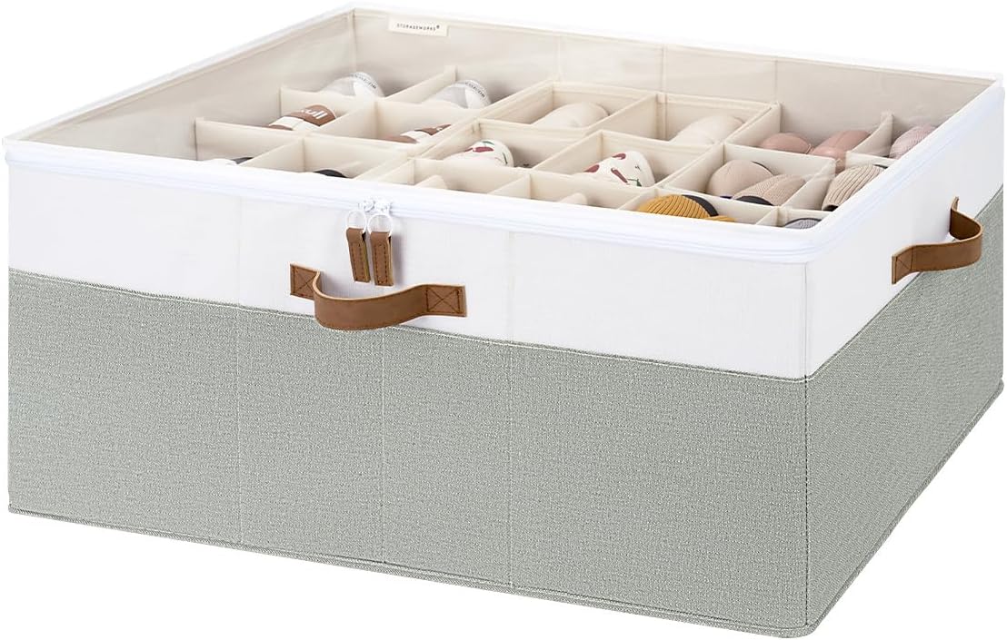 StorageWorks Shoe Organizer for Closet, Fits up to 24 Pairs, Shoe Cubby Storage Containers with Adjustable Dividers and Clear Cover, Green & White