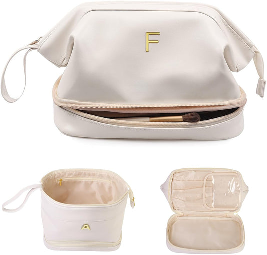 Wedding Gifts, Initial Makeup Bag, Daughter Gifts, Personalized Double Layer Cosmetic Bag with Makeup Brush Organizer, Large Capacity PU Leather Travel Toiletry Bag Cute Things for Girls
