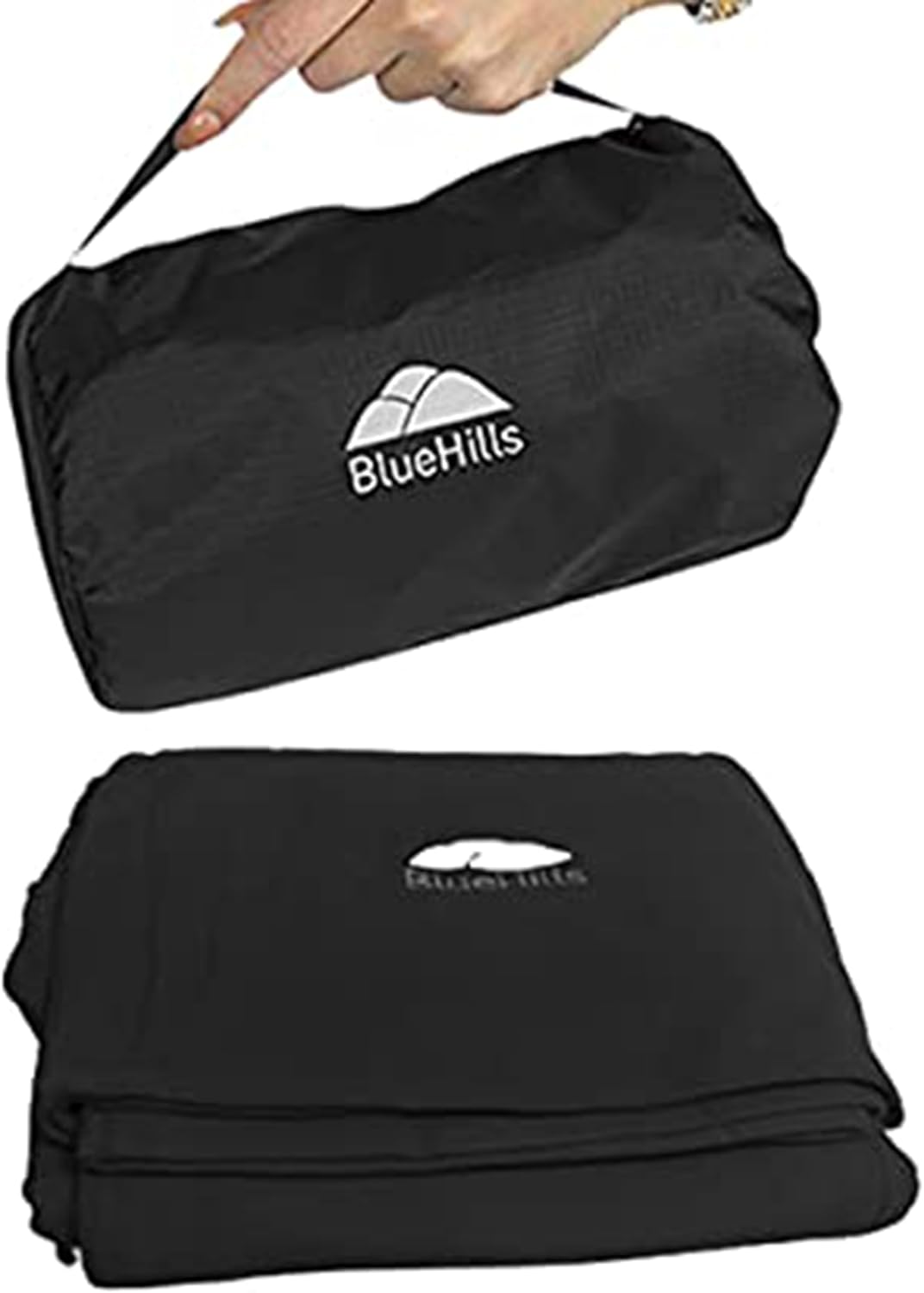 BlueHills Ultra Compact Travel Blanket Pillow in Portable Bag Case with Hand Luggage Belt & Backpack Clip Premium Cozy Soft Compact Pack Large Blanket for Airplane Flight Layover Black C003