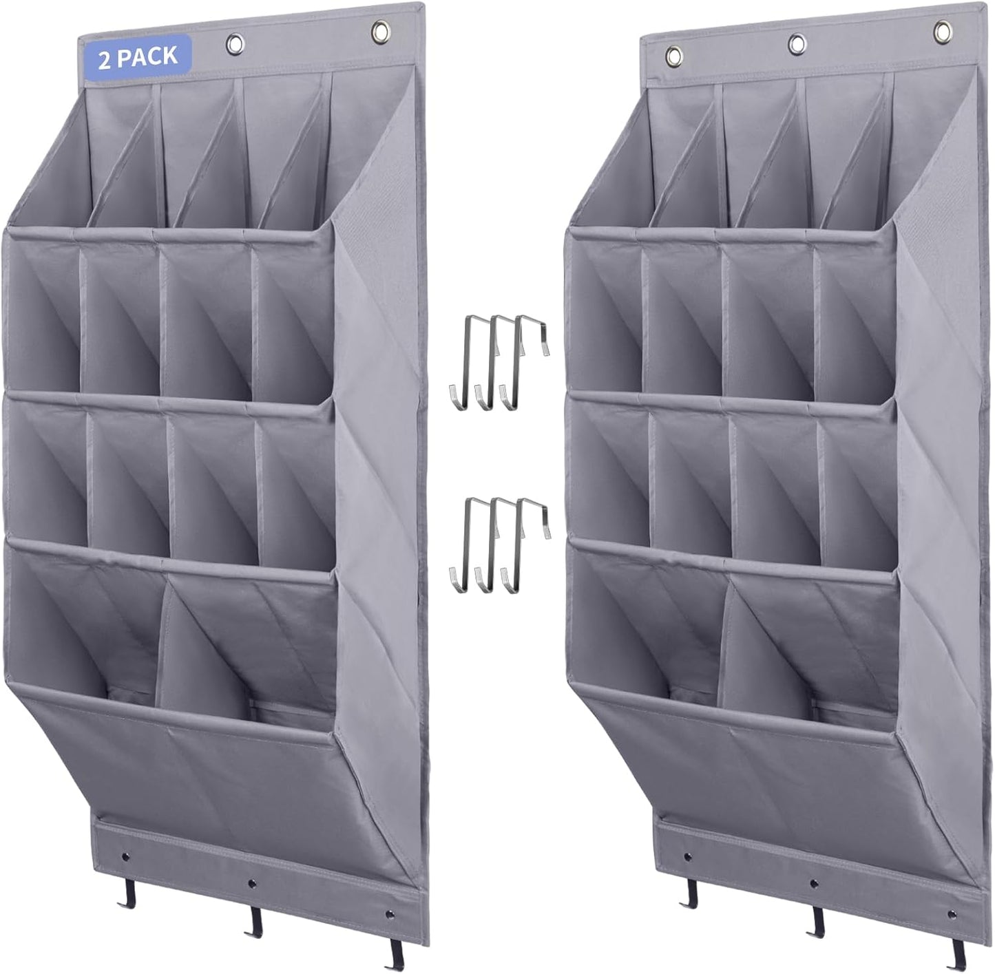 FENTEC 2 Pack Over the Door Shoe Organizer, Hanging Shoe Organizer Rack,24 Large Pockets and 4 Larger Storage Various Compartments with 6 Hooks, Home Accessories, Grey