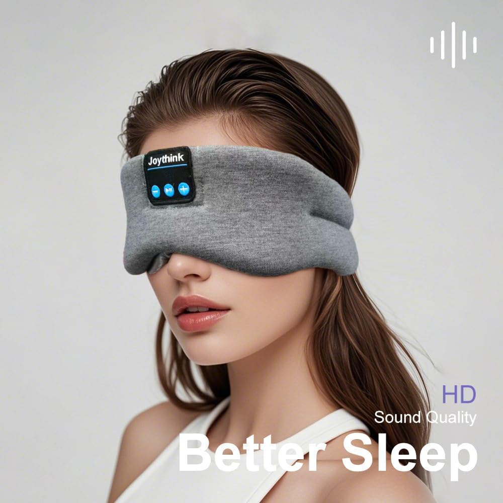 Joythink Sleep Mask Headphones Silk Wireless Bluetooth Headband Eye Mask for Side Sleepers Blackout for Airplane Travel Men Women Gray