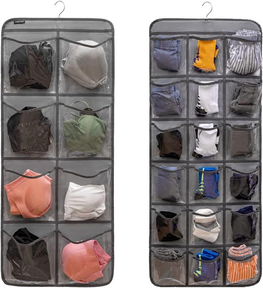 Dual-Sided Hanging Closet Organizer for Socks Underwear Bra Kids Storage Organizer for Baby Clothes Toddler Shoes with 26 Pockets (Grey-Clear Pockets)