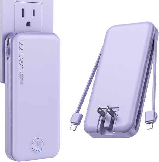 Portable Charger with Built in Cable and AC Wall Plug, USB C Power Bank 12000mAh 22.5W Super Fast Charging, Lightweight Portable Phone Charger Travel Battery Pack for iPhone, ect