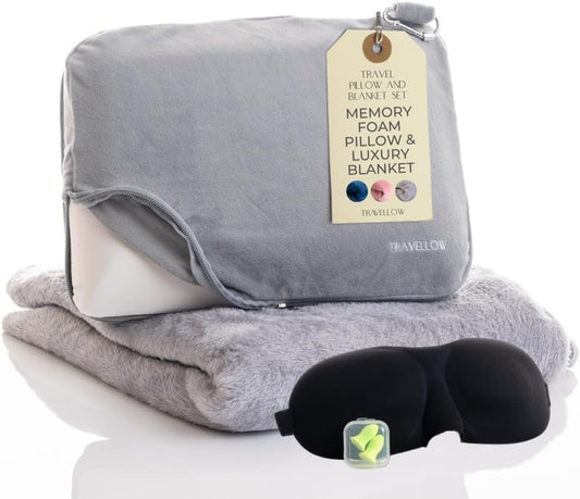 Travel Pillow and Blanket Set - 4-in-1 Ultimate Travel Kit with Memory Foam Pillow, Travel Blanket, Sleep Mask, and Earplugs-Ultimate Comfort and Coziness for Your Journeys - Grey
