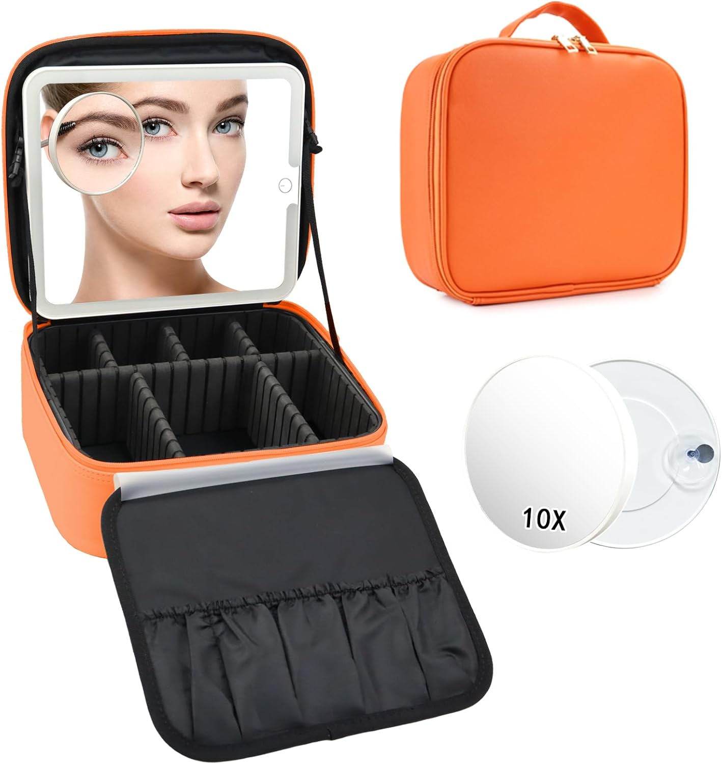 Travel Makeup Bag with LED Mirror and 10x magnifying glass with 3 Lighted Settings, Adjustable Dividers and Makeup Brush Storage Bag Orange