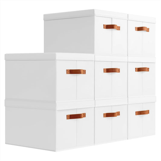Storage Bins with Lids - Large Fabric Closet Bins with Lid, 8 Pack Clothes Organizers and Storage, Collapsible Stackable Cube Basket for Home, Office, Dorm, White