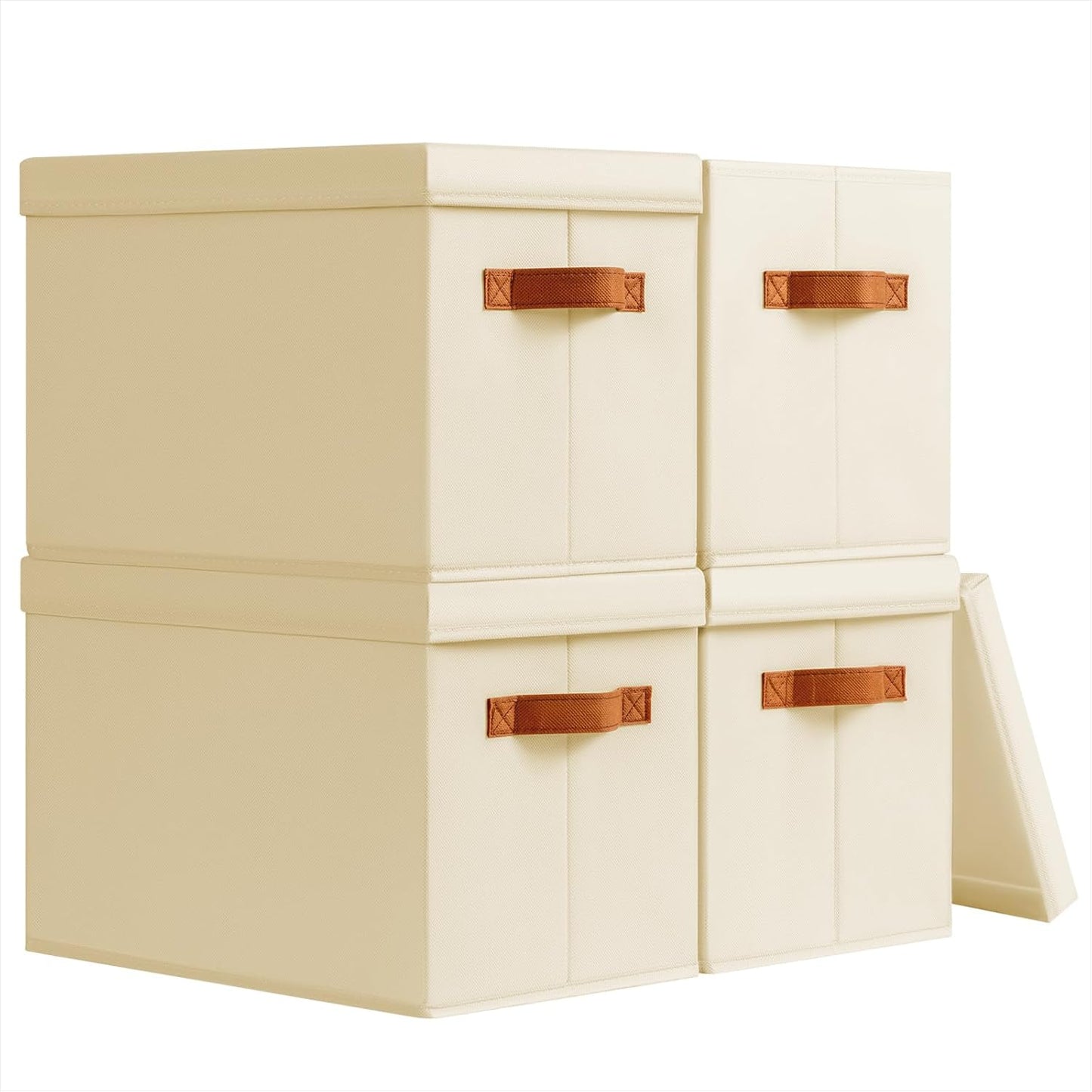 Storage Bins with Lids - Fabric Storage Baskets for Shelves, 4 Pack Foldable Decorative Boxes with Handles, Stackable Organizer Bins for Home, Nursery, Dorm, Beige