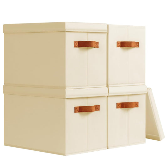Storage Bins with Lids - Fabric Storage Baskets for Shelves, 4 Pack Foldable Decorative Boxes with Handles, Stackable Organizer Bins for Home, Nursery, Dorm, Beige