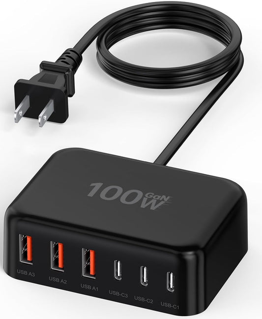 USB C Charger Block, 100W GaN 6 Port PD USB C QC USB A Wall Charger Adapter Plug Cube, Super Fast Type C Charging Station Hub for iPhone 16 15 14 13 12 Pro Max iPad Samsung Pixel 5ft Extension Cord