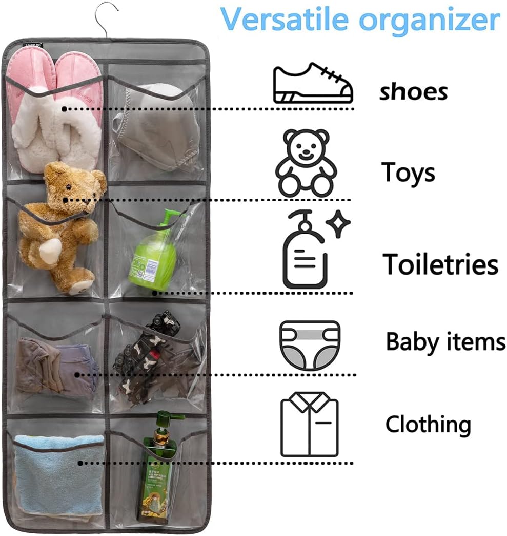 Dual-Sided Hanging Closet Organizer for Socks Underwear Bra Kids Storage Organizer for Baby Clothes Toddler Shoes with 26 Pockets (Grey-Clear Pockets)