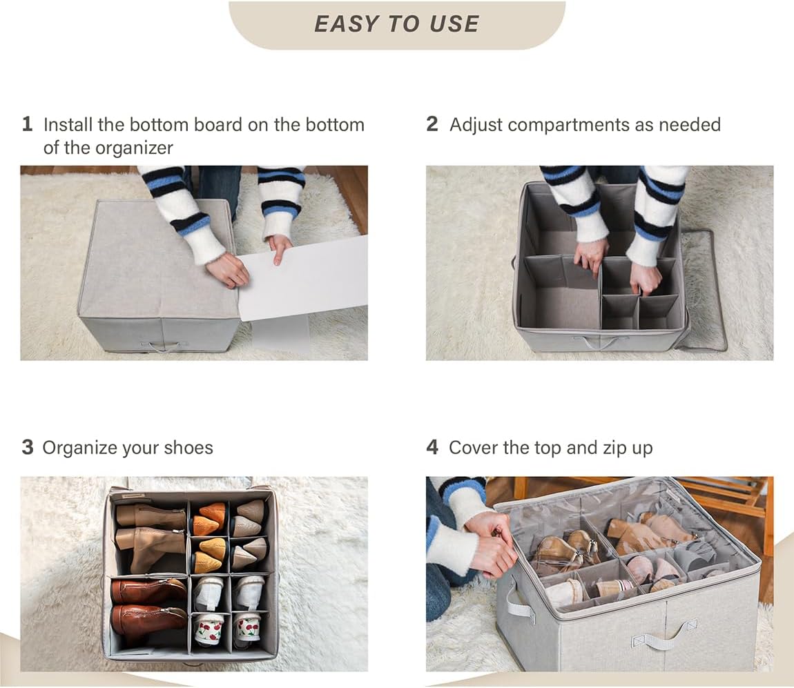 StorageWorks Shoe Organizer for Closet, Fits up to 16 Pairs, Shoe Cubby Storage Containers with Adjustable Dividers and Clear Cover, Mixing of Brown & Beige