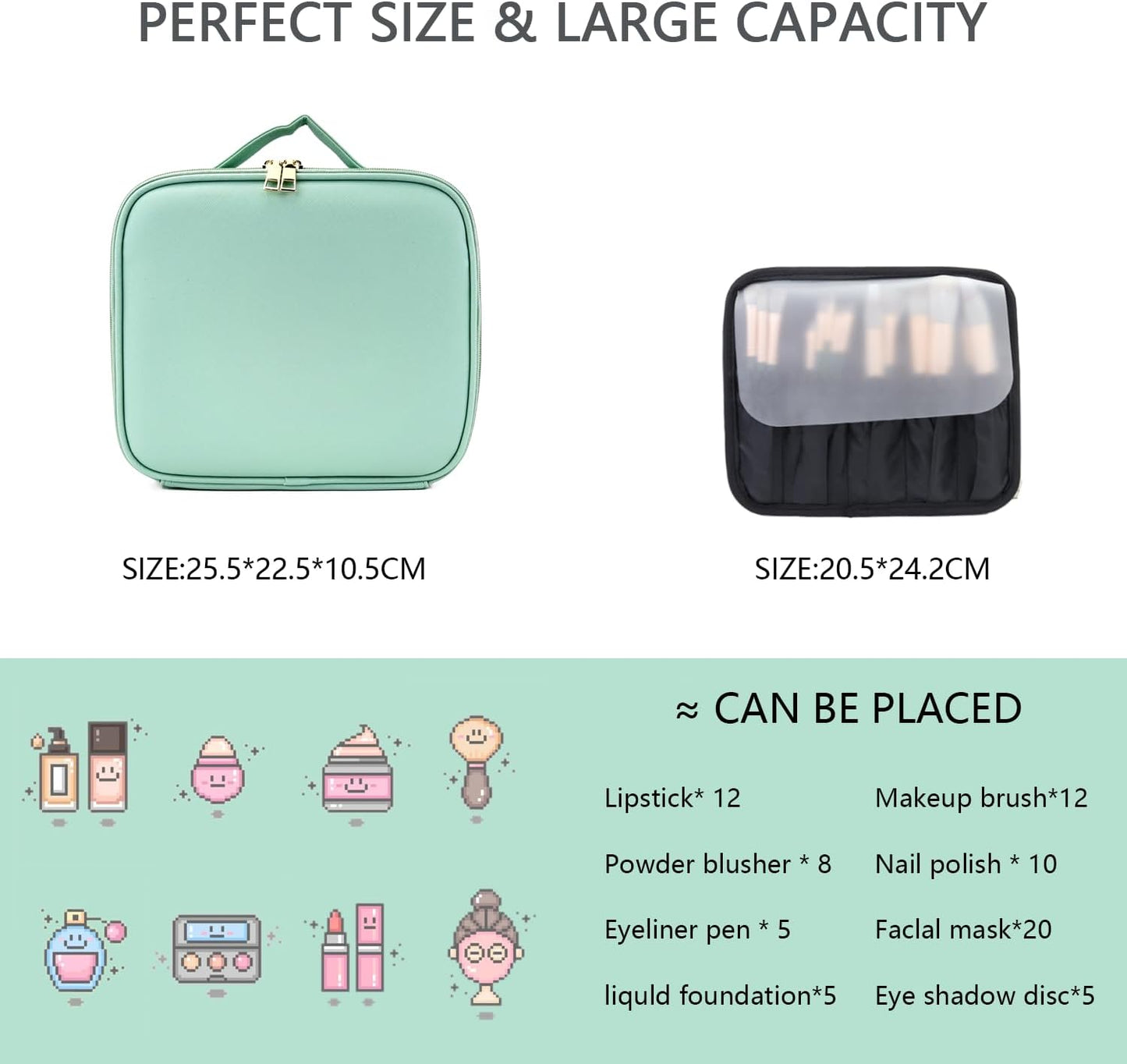 Makeup Bag with Led Mirror,Travel Makeup Organizer with 3 Color Setting & 10X Magnifying Mirror, Portable Storage and Adjustable Dividers Travel Makeup Bag-light green