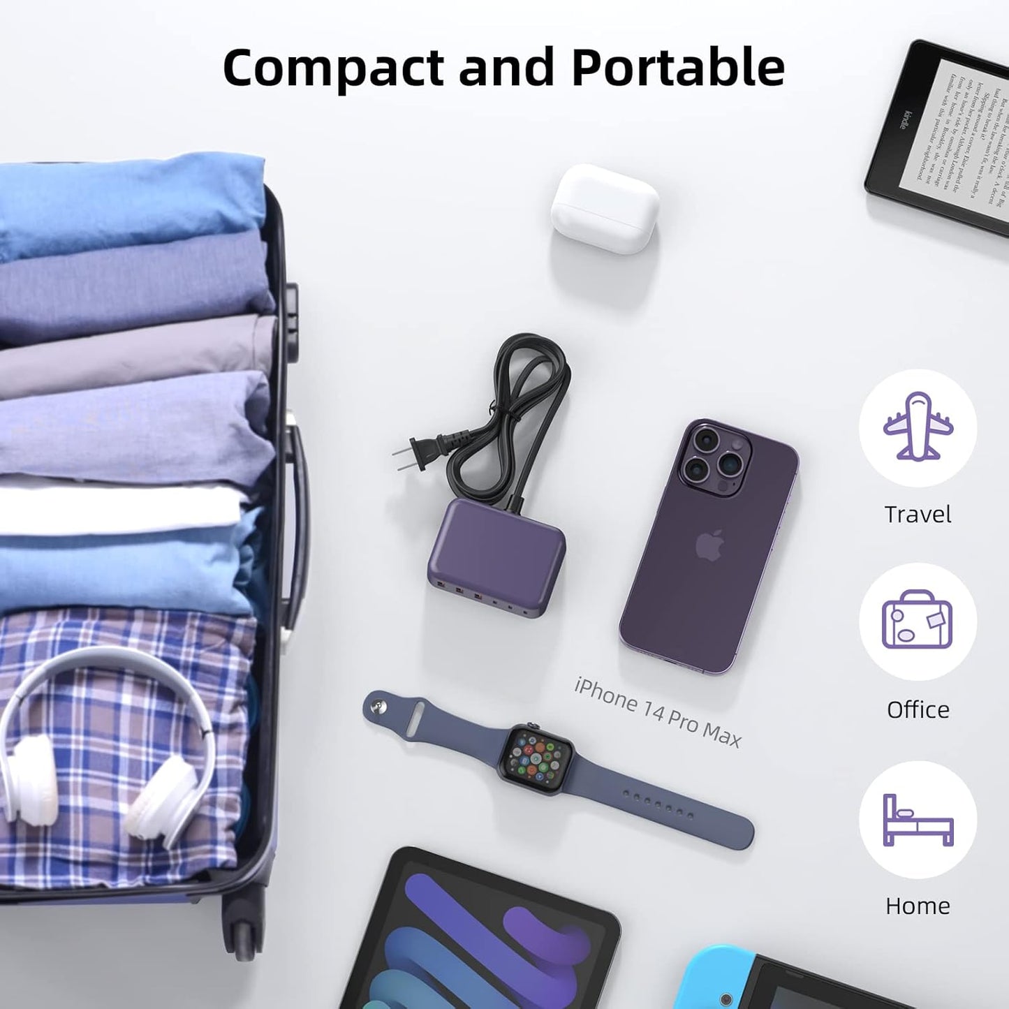 USB C Charger Block, 100W GaN 6 Port PD USB C QC USB A Wall Charger Adapter Plug Cube, Super Fast Type C Charging Station Hub for iPhone 16 15 14 13 12 Pro Max iPad Samsung Pixel 5ft Extension Cord