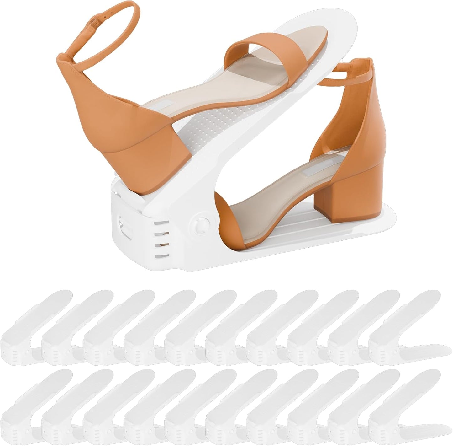 Shoe Slots Organizer, 20PCS Adjustable Double Layer Stack Shoe Rack, 50% Space-Saving Storage Rack Holder, White