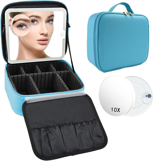 Travel Makeup Bag with LED Mirror and 10x magnifying glass with 3 Lighted Settings, Adjustable Dividers and Makeup Brush Storage Bag Blue