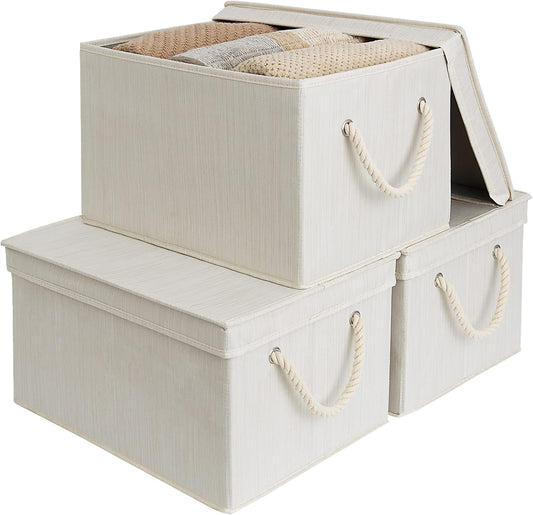 StorageWorks Storage Bins with Lids, Decorative Storage Boxes with Lid and Soft Rope Handles, Foldable Storage Baskets for Closet, Shelves, Stackable, 3-Pack, Ivory and White, Jumbo