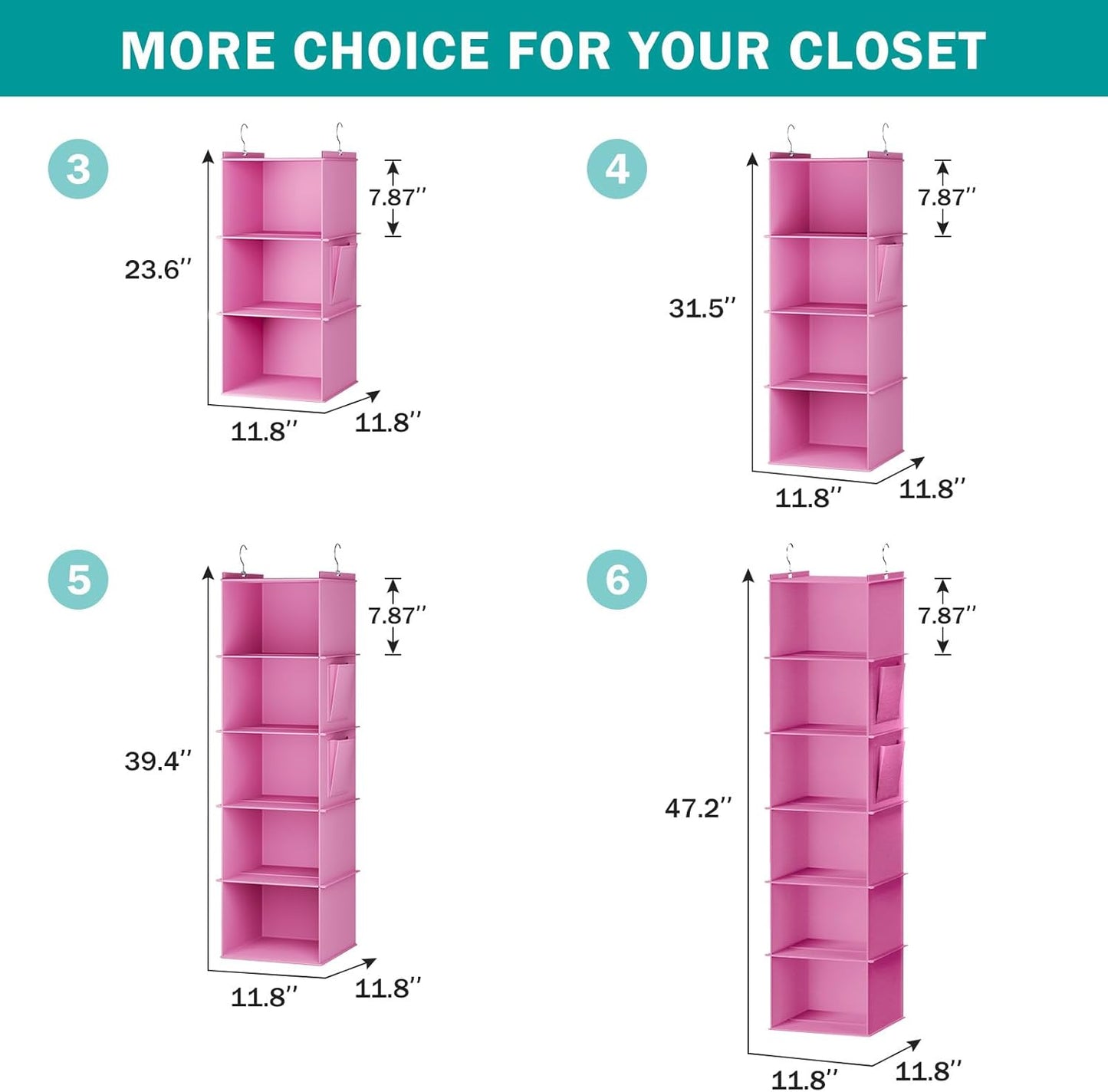 YOUDENOVA Hanging Closet Organizer, 4-Shelf Closet Hanging Storage Shelves, Light Pink