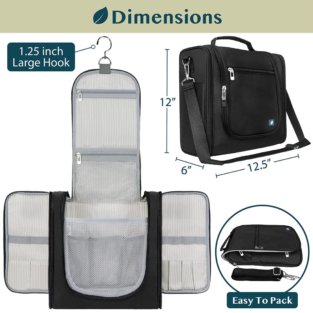 PAVILIA Extra Large Toiletry Bag Travel Bag for Women Men, Hanging Cosmetic Organizer, Water Resistant Makeup Bag for Accessories Toiletries, Travel Essentials Kit (Black)