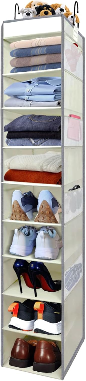 Large-Sized Hanging Shoe Organizer 10-Shelf, Sturdy Hanging Closet Organizer with 8 Side Pockets, Wider Hanging Shelves for Storage Shoes Clothes Jeans Shirts Toys, Beige