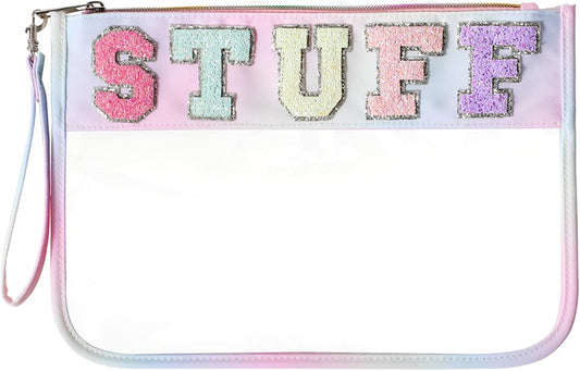 DYSHAYEN Chenille Letter Clear Zipper Pouch for Travel,Nylon Clear Cosmetic Bag,Makeup Travel Bag for Women Girls 11.8 Inches x 8.2 Inches