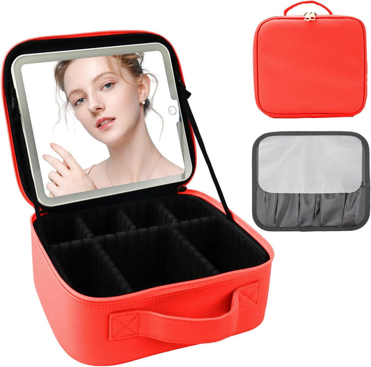 Travel Makeup Bag with LED Mirror and Light Travel Makeup Case Cosmetic Organizer Portable Cosmetic Brush Organizer Bag with Adjustable Dividers for Cosmetics Makeup Brushes Toiletry (Red)