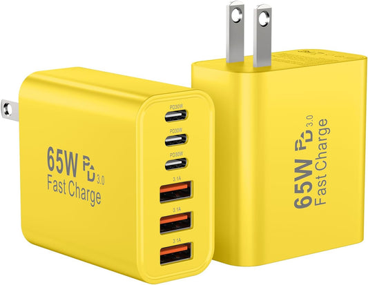 USB C Charger Block, 65W USBC Wall Charging Blocks 6-Port PD & QC Power Adapter Multiport Type C Fast Chargers Plug Cube Brick for iPhone 16/15/14/13/12/Pro Max,iPad Pro,Samsung Galaxy S25 Yellow