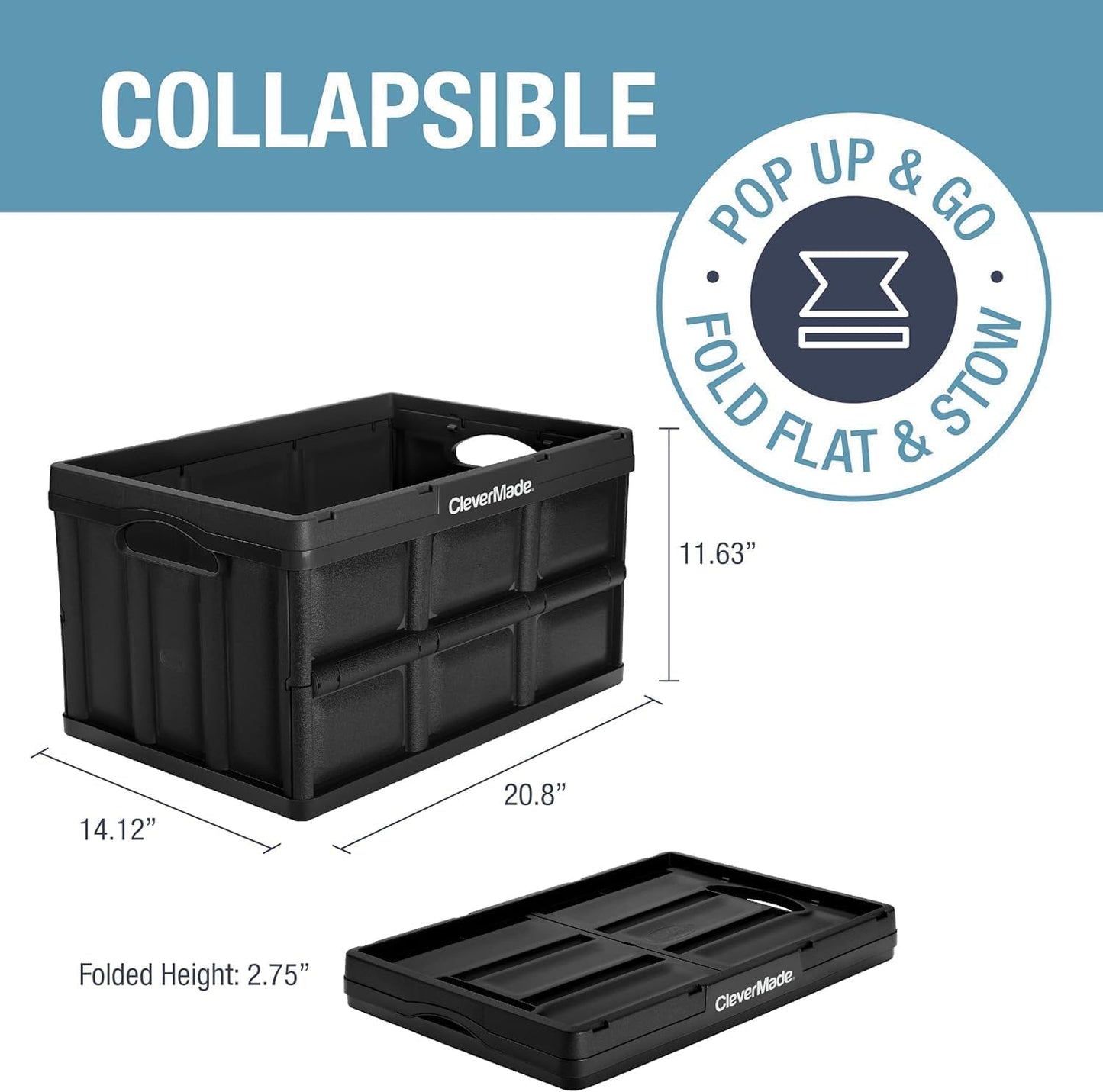 CleverMade Collapsible Storage Bins - Ocean 3 Pack 46L / 12 Gal holds 66 lbs - Stackable Containers Heavy Duty Capacity Crates Space-Saving
