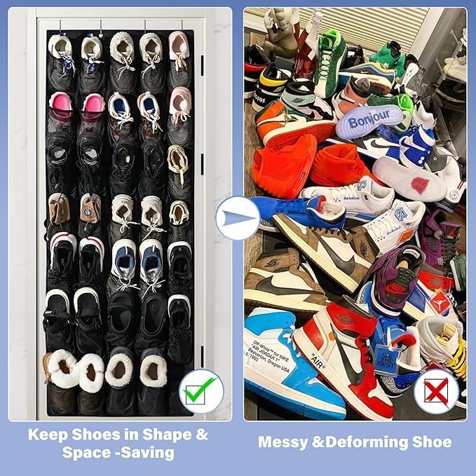 28 Mesh Pockets Hanging Shoe Organizer, Over the Door Shoe Organizer，Closet Storage Holder for Back of Door Storage Holder for Back of Door(Black)