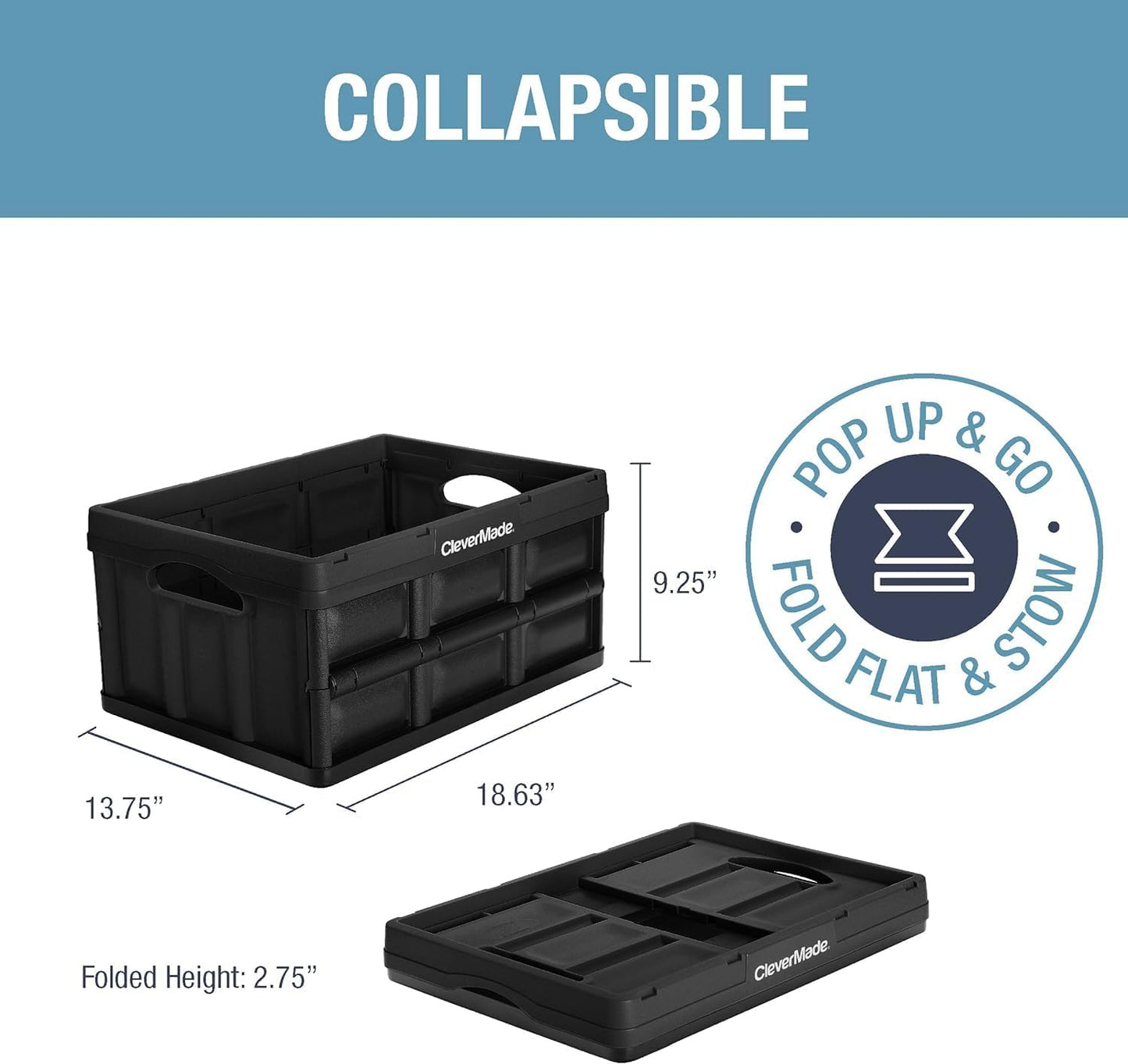 CleverMade Collapsible Storage Bins - Obsidian 3 Pack 32L - Stackable Containers Heavy Duty Capacity Folding Crates - Space-Saving for Home