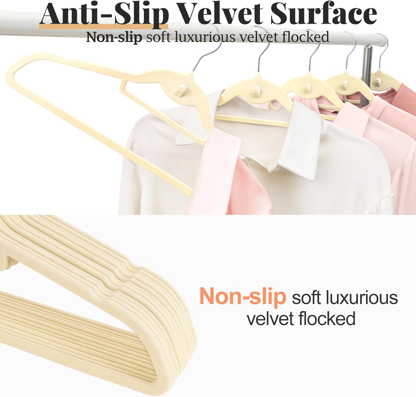 Velvet Felt Stackable Hangers 50 Pack, Non Slip, with 360° Swivel Hook, Ultra Thin and Space Saving for Suits, Shirts, Coats, 15Lbs Capacity Heavy Duty, Ivory