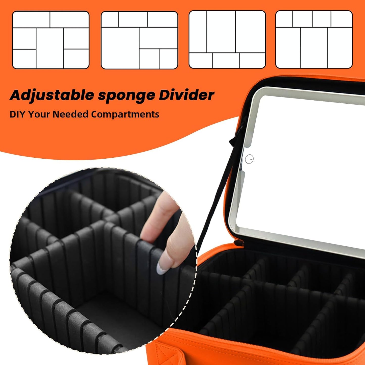 Travel Makeup Bag with LED Mirror and Light Travel Makeup Case Cosmetic Organizer Portable Cosmetic Brush Organizer Bag with Adjustable Dividers for Cosmetics Makeup Brushes Toiletry (Orange)