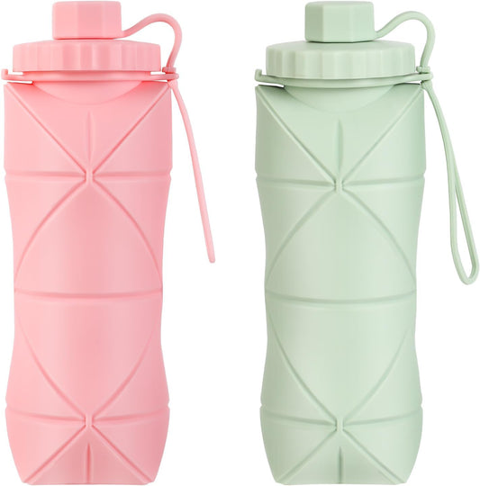 YCT Collapsible Silicone Travel Water Bottle 20oz (600ml), Reuseable Leakproof BPA Free Foldable Sports Bottle, with Carrying Strap, Pink + Green
