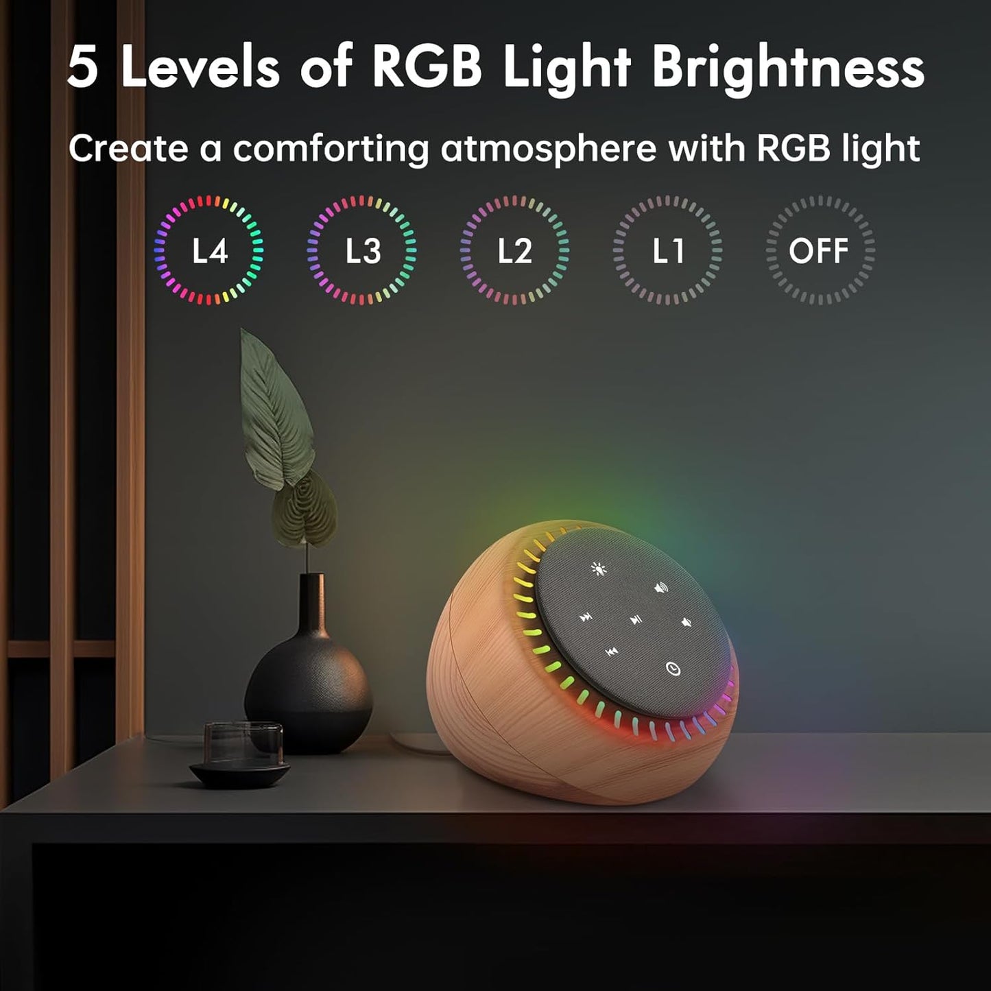 DreamSky Sound Machine for Sleep, White Noise for Sleeping Adults & Baby, Brown Noise Fan for Office Privacy & Noise Canceling, 26 Sounds & RGB Light, USB-C Powered for Home Travel, Wood Grain