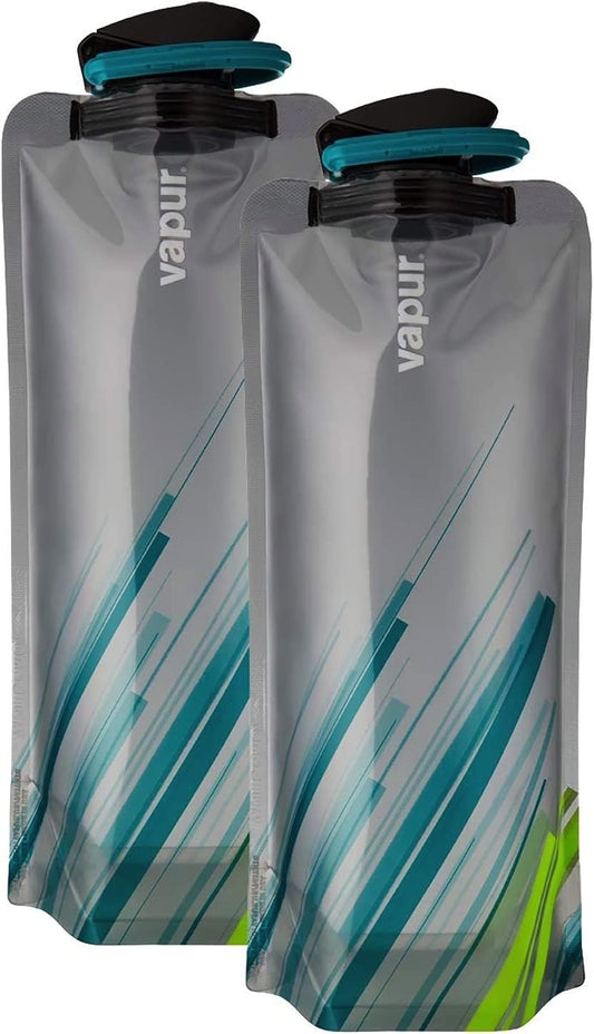Vapur Collapsible Water Bottle With Carabiner, Compact Bottle Folds Flat For Hydration On The Go, Ideal for Traveling, Hiking or Camping, 34 Ounce, Grey & Teal, Pack of 2