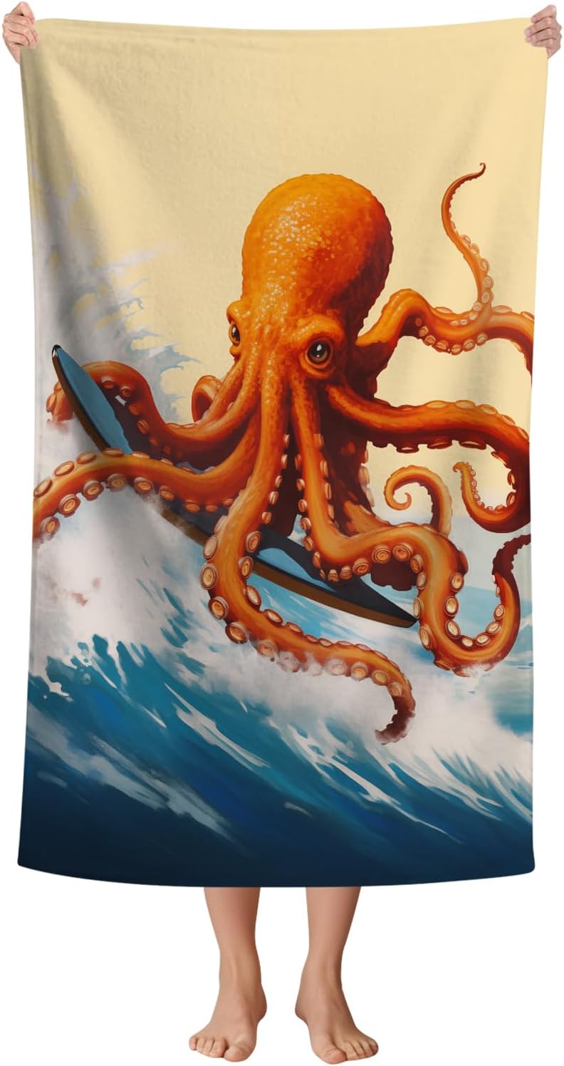 WZOMT Microfiber Octopus Beach Towel, Funny Octopus Surfing Ocean Animal Print Bath Towel for Kids Adults, Orange Blue Quick Dry Sandproof Towels for Swim/Travel/Pool, Oversized 32x52 Inch
