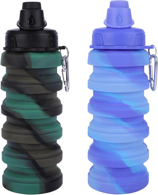 Collapsible Water Bottle for Adults, Boys, Students, Kids, Reusable Silicone Foldable Water Bottles for Travel Camping Hiking Sports,Leak-Proof Portable Sports Water Bottle (Camouflage & Purple)