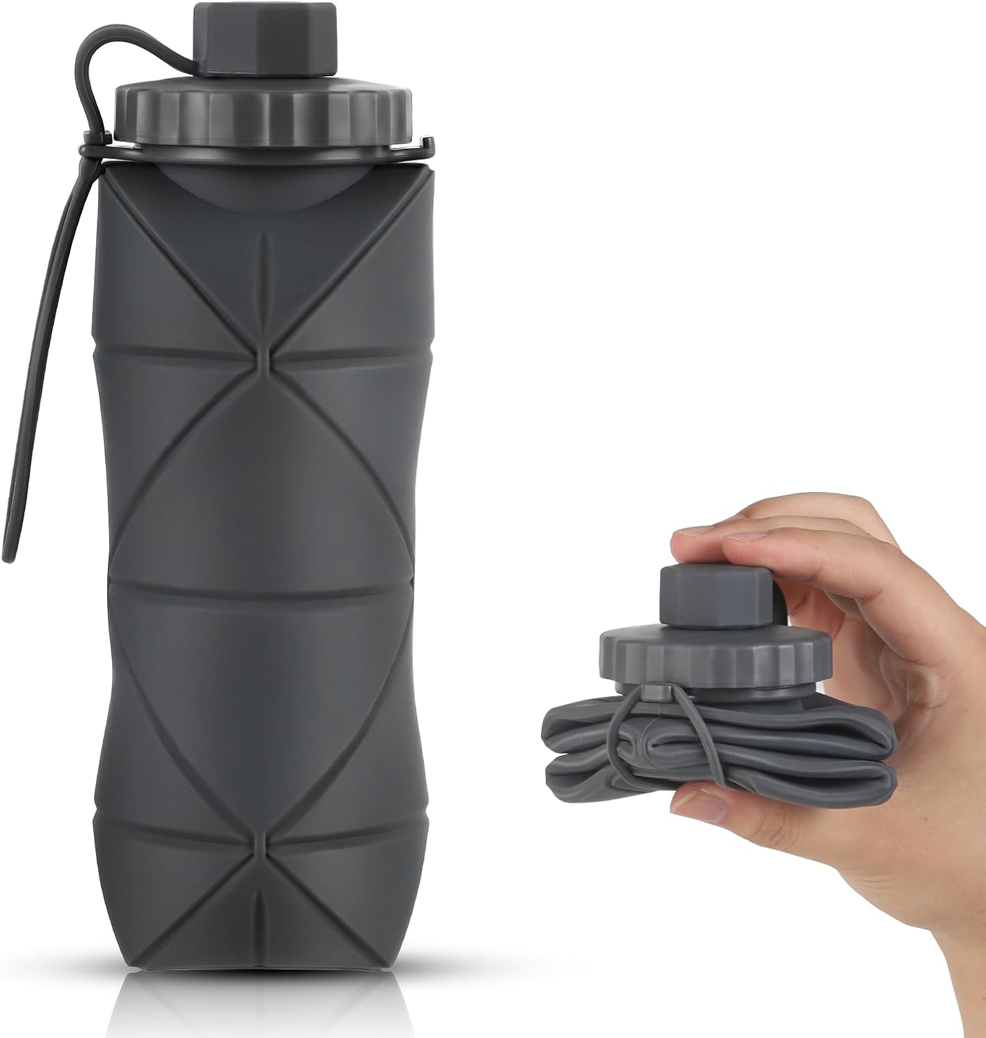 Silicone Collapsible Water Bottles,Lightweight Reusable Leakproof For Traveling Camping Hiking Cycling Sports Outdoor,Foldable Portable Travel Water Bottle 600ML Dark Grey 1Pack.
