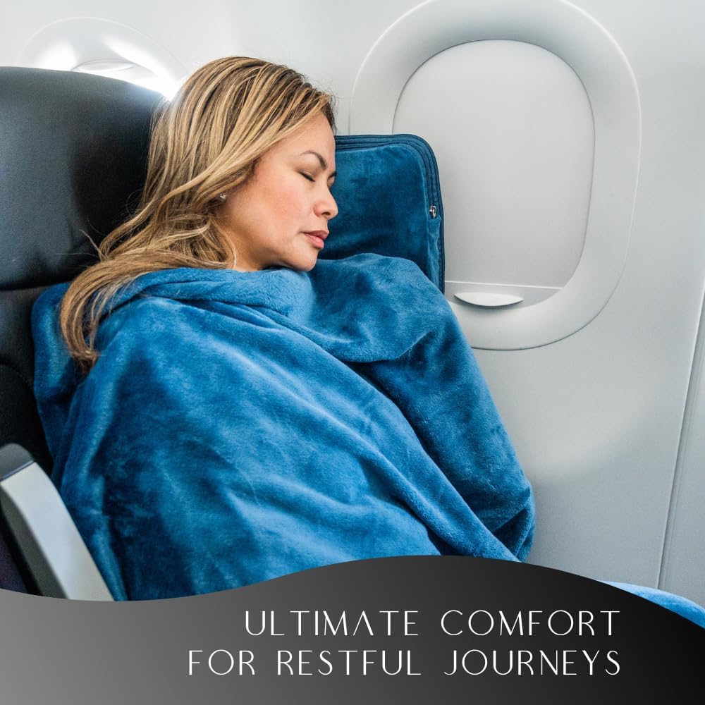 Travel Pillow and Blanket Set - 4-in-1 Ultimate Travel Kit with Memory Foam Pillow, Travel Blanket, Sleep Mask, and Earplugs-Ultimate Comfort and Coziness for Your Journeys - Blue