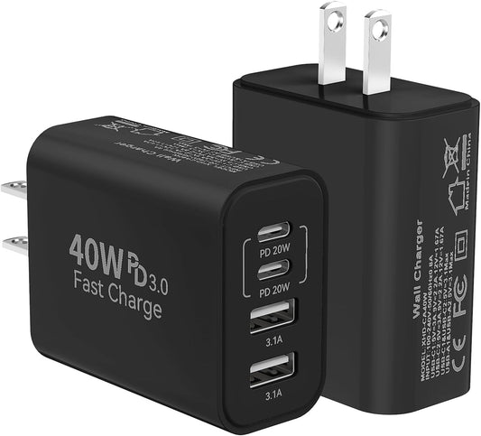 40W USB C Wall Charger Block,4 Port Type C Charger Fast Charging Brick Dual Pd & QC Fast Charger Cube Wall Plug Power Adapter for iPhone 15/14/13/12/11/Pro Max/XS/XR,iPad,Samsung,Pixel,White