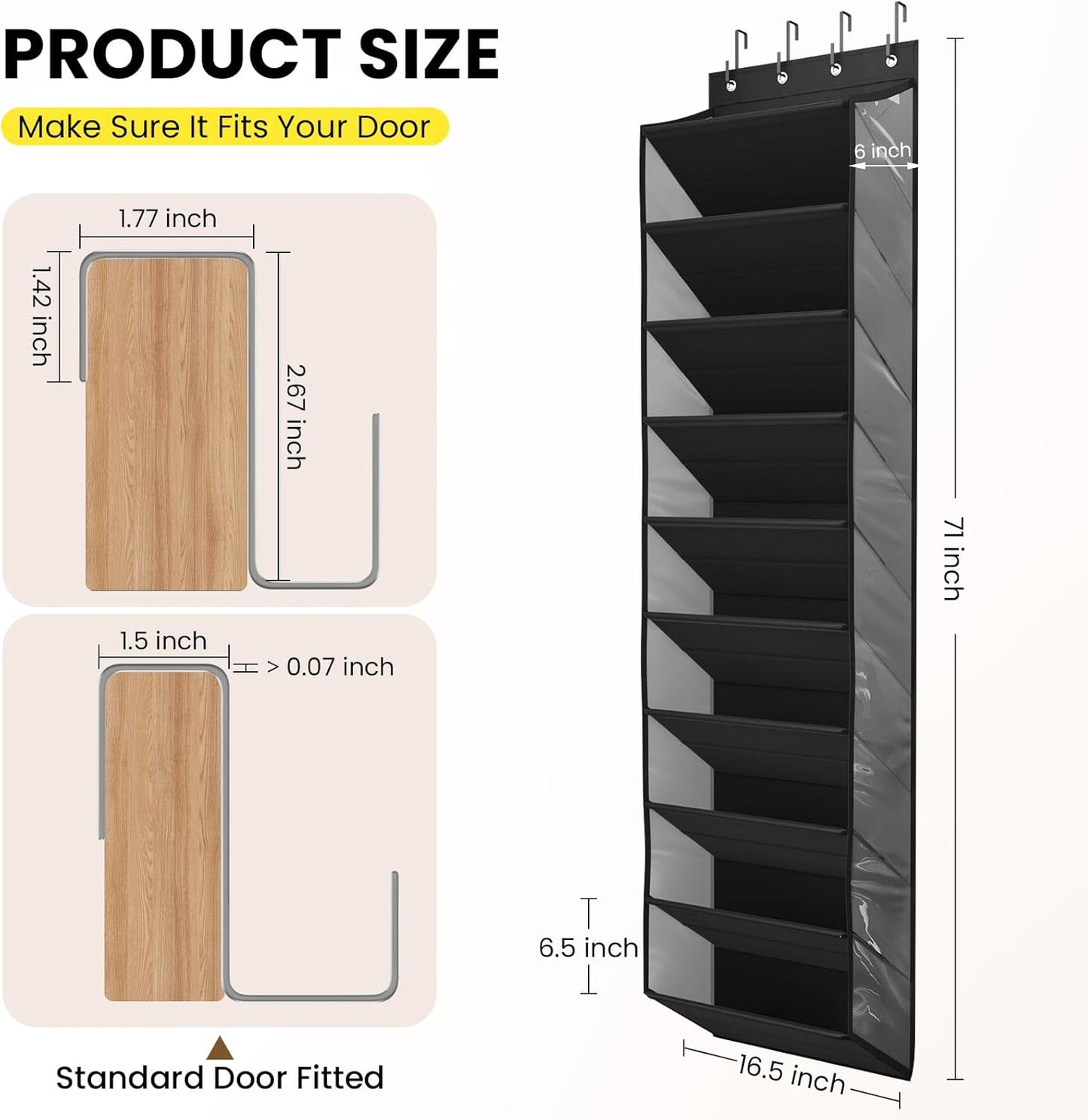 Over the Door Shoe Organizer for Closet, Shoes Rack with 10 Tier PVC Window Deep Pockets, Hanging Shoe Organizers for Boot Storage, Behind the Door Narrow Shoe Holder for Small Shoes, Black