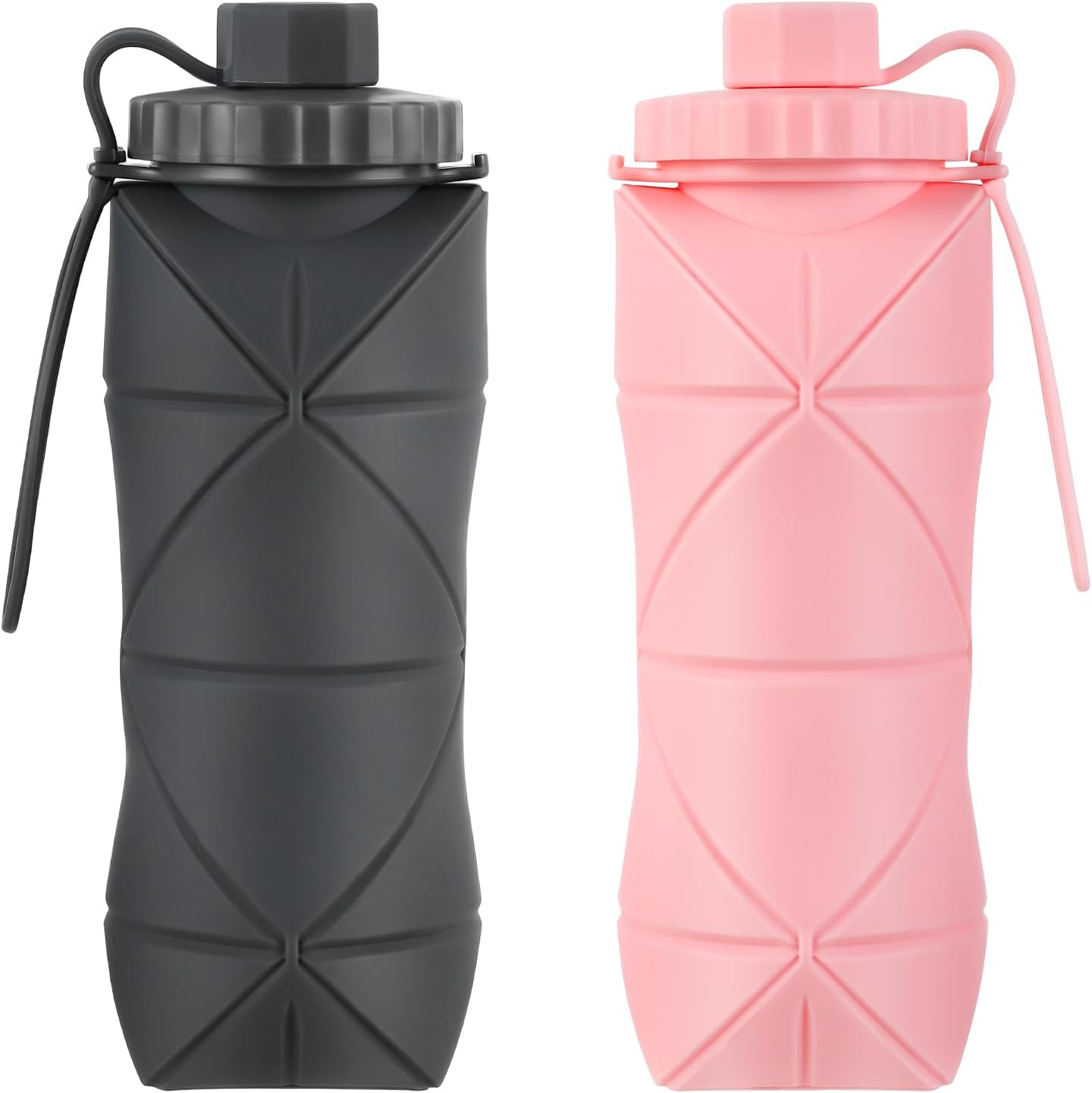 Silicone Collapsible Water Bottles,Lightweight Reusable Leakproof For Traveling Camping Hiking Cycling Sports Outdoor,Foldable Portable Travel Water Bottle 600ML Dark Grey And Pink 2Pack.